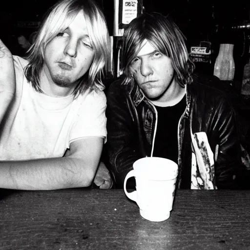 Image similar to elliott smith and kurt cobain hanging out at a bar