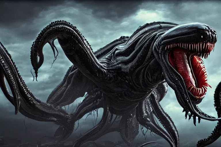 Image similar to venom cthulhu chimera, megalophobia, photorealistic still from Alien Planet(2005), artstation