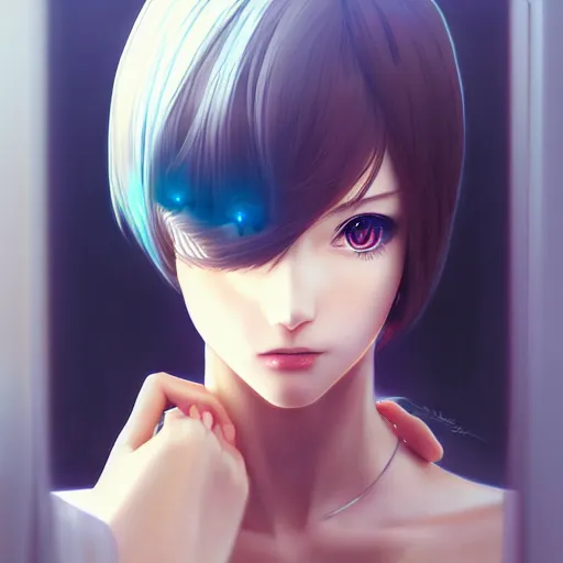 Image similar to digital anime, cyborg - girl looking into a mirror, reflections, wlop, ilya kuvshinov, artgerm