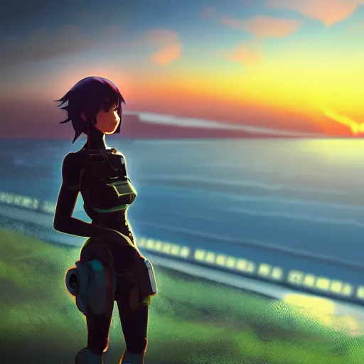 Image similar to A cyborg girl standing on the hill looking at the sea with a sunset in style of Makoto Shinkai and Cyberpunk. ArtStation, 8K, Highly Detailed, Intricate, Album Art.