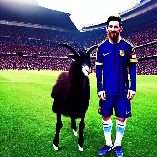 Image similar to lionel messi standing beside a majestic goat, intricate, elegant, highly detailed