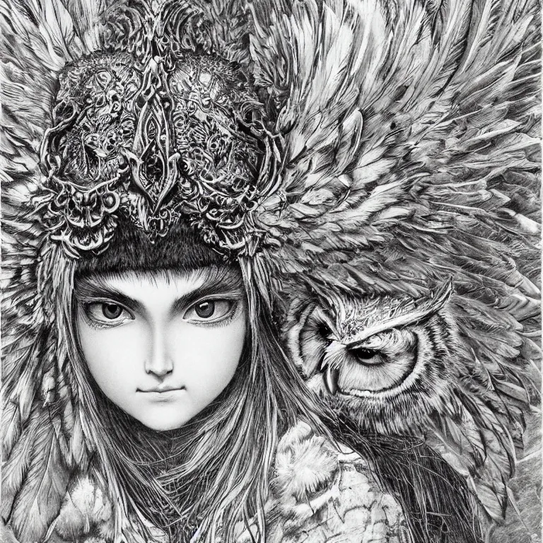 Prompt: young owl goddess, realistic proportions, sharp focus, beautiful face, in feather armor, wielding an owl axe, symmetrical, highly detailed, engraving kentaro miura manga art style trending on artstation 8 k