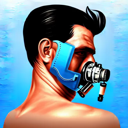 Prompt: a profile photo of a man with underwater oxygen mask and a cylinder on back with tattoos on arm and neck, side profile in underwater, highly detailed, digital painting, artstation, illustration by Sandra Chevrier