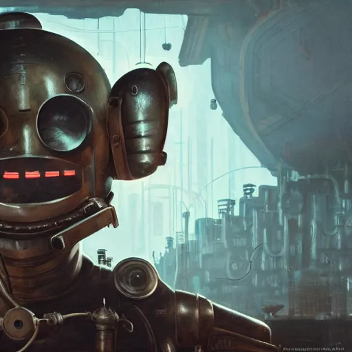 Image similar to closeup portrait of minimalist cyborg midget goblin with painful implants inside byzantine kowloon hoarder workshop filled with dieselpunk equipment, socialist realist composition by by greg rutkowski and h. r. giger and stalenhag and deak ferrand, studio ghibli composition