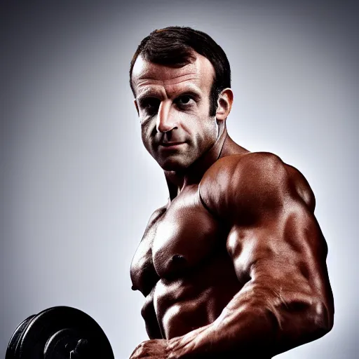 Image similar to photo of a close portrait of emmanuel macron as a bodybuilder, studio lightning, 4 k, highly detailled