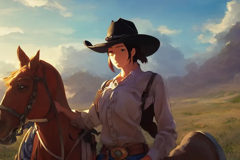 Prompt: western cowgirl, single subject, scenic full shot, ambient lighting, detailed face, by makoto shinkai, stanley artgerm lau, wlop, rossdraws