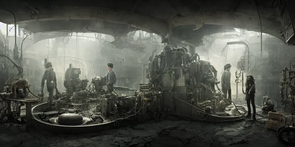 Image similar to photograph of a dieselpunk submarine interior set design with a orphaned child standing over two dead adults. cinematic lighting, color contrast, arri alexa, anamorphic bokeh, professional lighting, 4 k, photographed by erik johansson, graded with davinci resolve