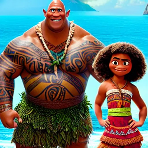Prompt: dwayne the rock johnson but it's maui from disney's moana and moana is kevin hart