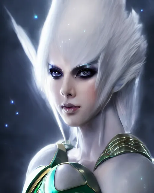 Image similar to perfect white haired attractive egyptian goddess, warframe armor, beautiful, symmetric, dreamy, half asian, pretty face, green eyes, charlize theron, detailed, scifi platform, laboratory, experiment, 4 k, ultra realistic, epic lighting, android body, illuminated, cinematic, masterpiece, art by akihito tsukushi, voidstar