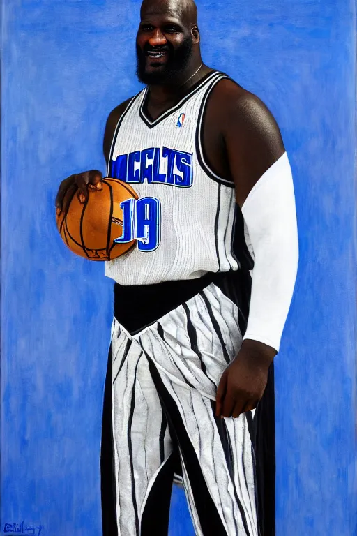 Image similar to full body portrait of shaquille o'neil as the dictator of the orlando magic, 1 8 8 9, in full military garb, magic blue, silver, and black, oil on canvas by william sidney mount, trending on artstation