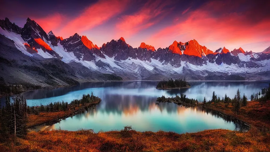 Image similar to amazing landscape photo of mountains with lake in sunset by marc adamus, beautiful dramatic lighting