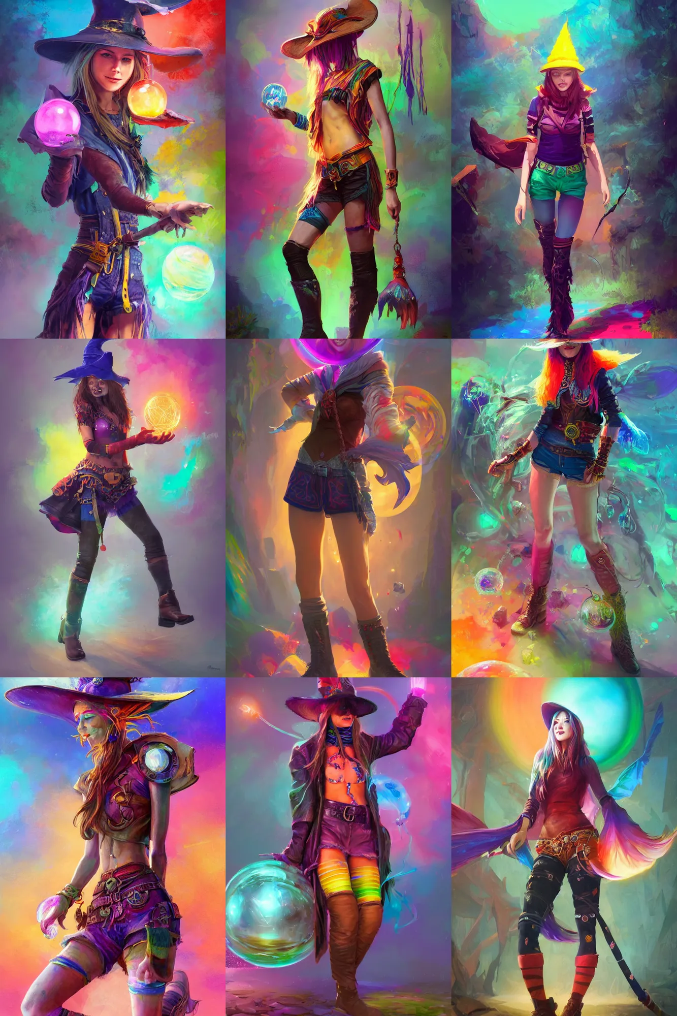 Prompt: sorceress, hat, wide leather boots, short shorts, striped socks, glass ball at the waist, bag over the waist, smiling, many colors, colorful, all colors, highly saturated colors, greg rutkowski, fantasy, detailed illustration, hd, 4k, digital art, overdetailed art, concept art, trending on artstation