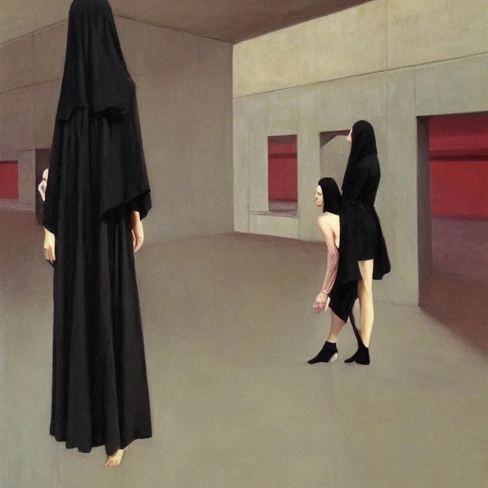 Image similar to woman in black robes, short skirt, in magnificent shopping mall, artstation, art by edward hopper, zdislav beksinski, wayne barlowe, edward hopper