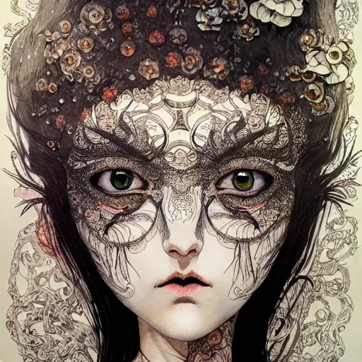 Image similar to prompt: Mysterious girl face painted in William Blake style drawn by Vania Zouravliov and Takato Yamamoto, intricate oil painting, high detail, Neo-expressionism, post-modern gouache marks on the side, gnarly details soft light, white background, intricate detail, intricate ink painting detail, sharp high detail, manga and anime 2000