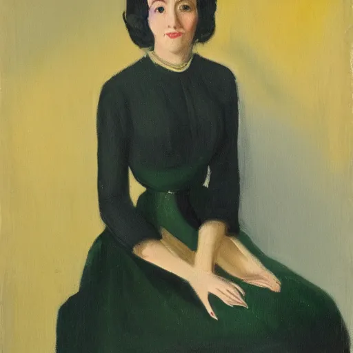 Prompt: a portrait of a young woman from the fifties, seated in front of a landscape background, her black hair is a long curly, she wears a dark green dress, pleated in the front with yellow sleeves, puts her right hand on her left hand, oil painting