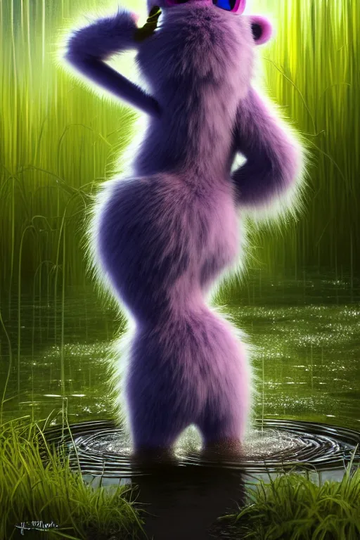 Prompt: full body portrait of monsters inc furry character, standing in a pond, soaking wet hair, by terry o'neill intricate, elegant, highly detailed, digital painting, glistening skin, artstation, concept art, smooth, sharp focus, bright lighting, illustration, art by artgerm and greg rutkowski and alphonse mucha, 8 k