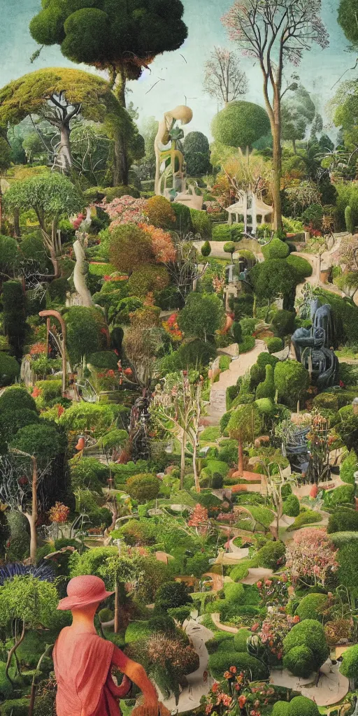 Image similar to bosch and beeple painting of a magnificent garden filled with remarkable sculptures, trees, and structures, incredible details