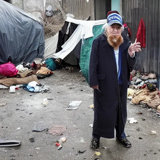 Image similar to donald trump dressed as a homeless man living in the slums