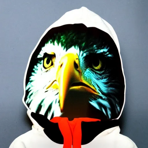 Prompt: close-up shot of a eagle wearing hoodie in 80s, funny, Polaroid photo, by Warhol