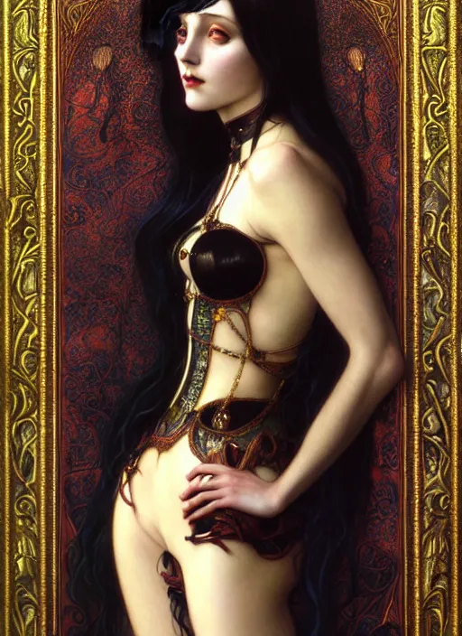 Image similar to hyper detailed masterpiece vampire girl duchess by donato giancola and tom bagshaw, face by artgerm and edmund leighton, and alphonse mucha, trending on artstation, dreamlike, melancholy aesthetic, ornate, background by gustav klimt, 8 k, black gothic, majestic, volumetric lighting, porcelain skin, concept art, sharp focus