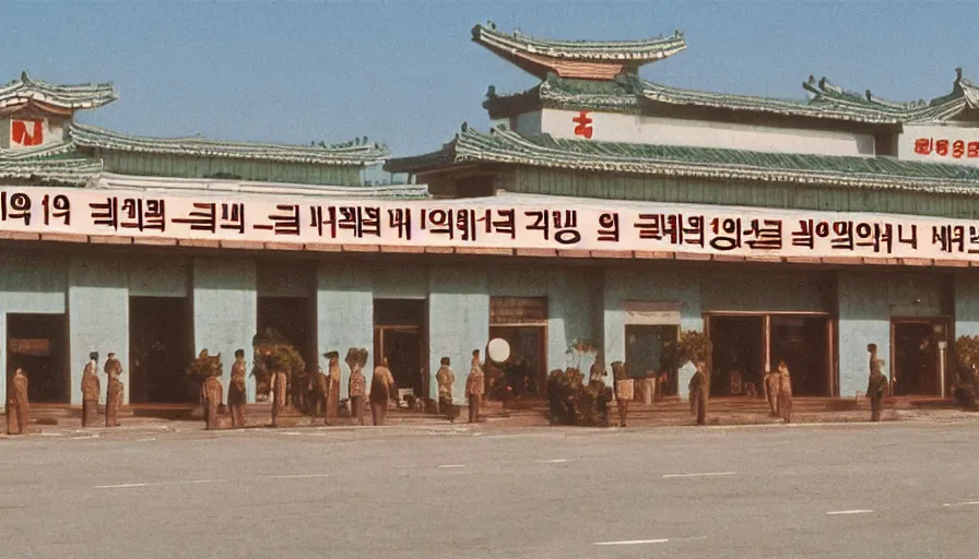 Prompt: 70s movie still of empty north-korean restaurant palace with propaganda fresco stalinist style, eastmancolor, heavy grain, high quality, higly detailed