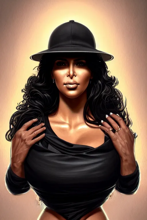 Prompt: Portrait of kim kardashian dressed as eazy e, big bust, ghetto, intricate, elegant, highly detailed, digital painting, artstation, concept art, smooth, sharp focus, illustration, art by artgerm and greg rutkowski and alphonse mucha