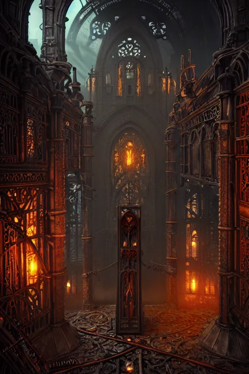 Image similar to steam necropolis, memento mori, gothic, neo - gothic, art nouveau, hyperdetailed copper patina medieval icon, stefan morrell, philippe druillet, ralph mcquarrie, concept art, steampunk, unreal engine, detailed intricate environment, octane render, moody atmospheric, volumetric lighting