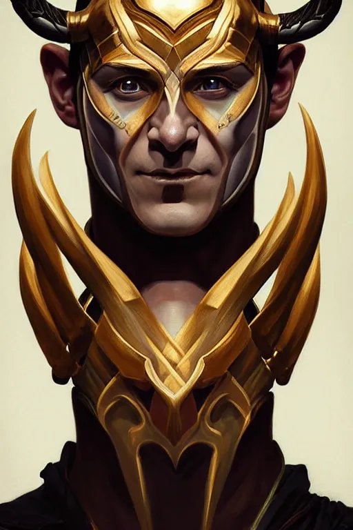 Image similar to symmetry!! portrait of loki in the style of god of war, machine parts embedded into face, intricate, elegant, highly detailed, digital painting, artstation, concept art, smooth, sharp focus, illustration, art by artgerm and greg rutkowski and alphonse mucha, 8 k