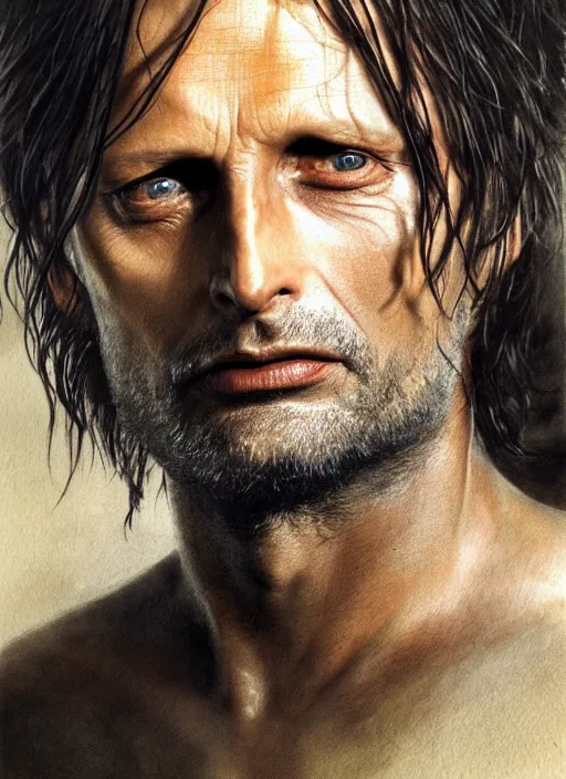 Image similar to Mads Mikkelsen as Aragorn by Alan Lee, medium shot, very detailed eyes, golden hour, concept art, detailed clothing, art station, oil painting