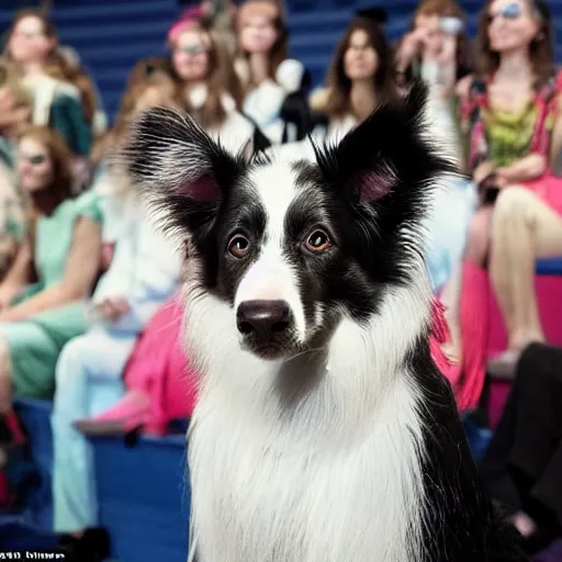 Prompt: a border collie dressed as a woman doing a fashion show in a theater, the audience consists of dogs, painted in acrylic