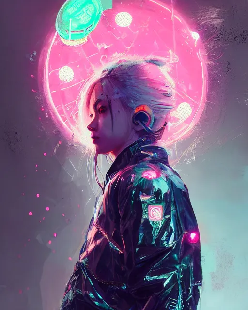 Image similar to detailed portrait Neon cleaner Girl, cyberpunk futuristic neon, reflective puffy coat, decorated with traditional Japanese ornaments by Ismail inceoglu dragan bibin hans thoma greg rutkowski Alexandros Pyromallis Nekro Rene Maritte Illustrated, Perfect face, fine details, realistic shaded, fine-face, pretty face