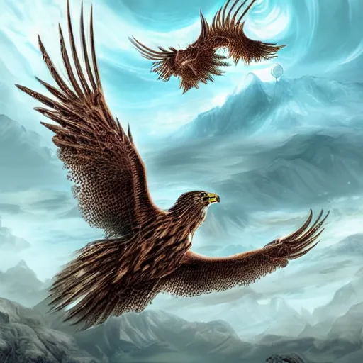 Prompt: fantasy art hyper realistic ai created interesting bizarre subconscious of a flying hawk hunting with fractal vignette edge fantastic art award winning best ultra detailed magnificent