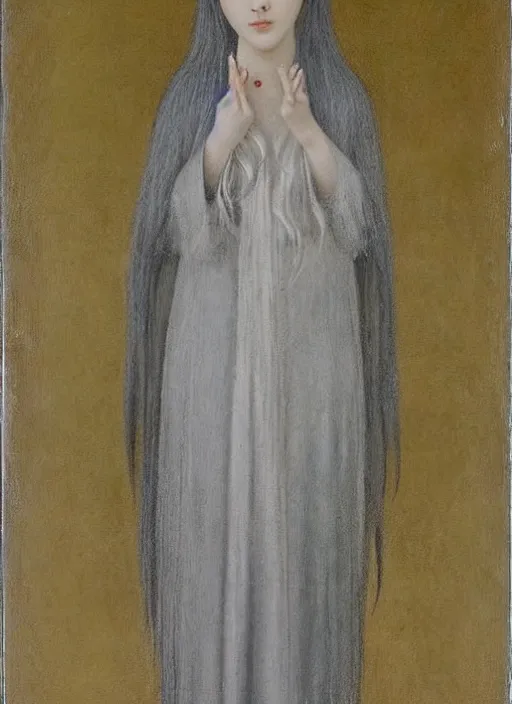 Image similar to tall thin young wan beautiful angel, silver hair so long, pale!, long silver hair, silver angel wings, wan adorable korean face, silver hair!!, style of fernand khnopff and lucien levy - dhurmer, oil on canvas, 1 8 6 2, 4 k resolution, aesthetic!,