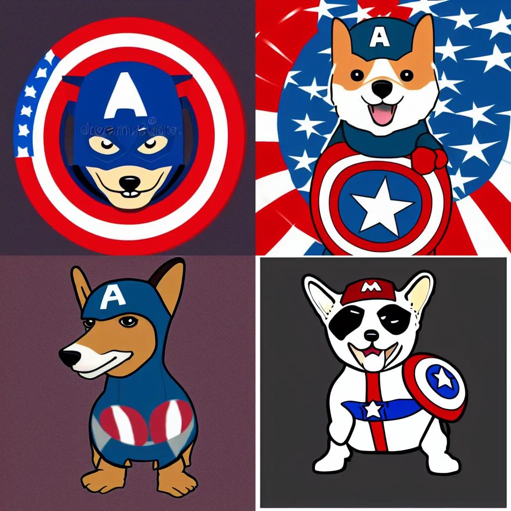 Prompt: corgi dressed as captain America, vector illustration, high quality