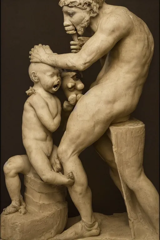 Prompt: photograph of a statue of Saturn devouring his son, in the syle of HR Geiger, extremely detailed, background is a low light museum, 4k