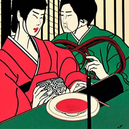 Image similar to Japanese beauty wrapped in a snake having tea with her husband by Toshio Saeki, high detailed