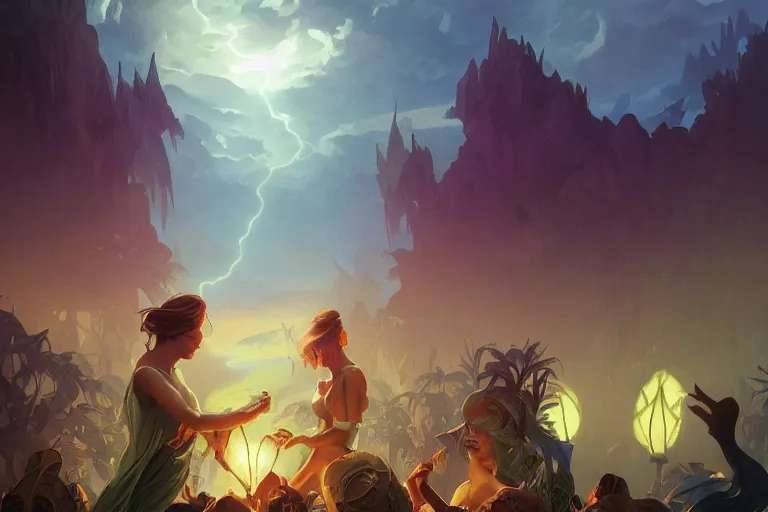 Prompt: a hyperrealistic render of a festival on an island in the middle of a thunderstorm, outdoor, art by Artgerm and Anato Finnstark and Greg Rutkowski and Alphonse Mucha, hearthstone art style, epic fantasty card game art, Beautiful dynamic dramatic moody lighting, shadows, cinematic, Octane, 8K