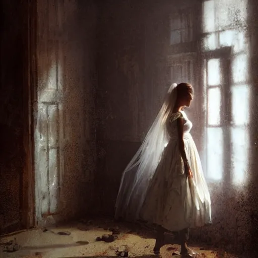 Image similar to A woman in a wedding dress in a dirty run-down room, long shadow, warm colors, vintage shading, dark room, elegant interior, by Greg Rutkowski