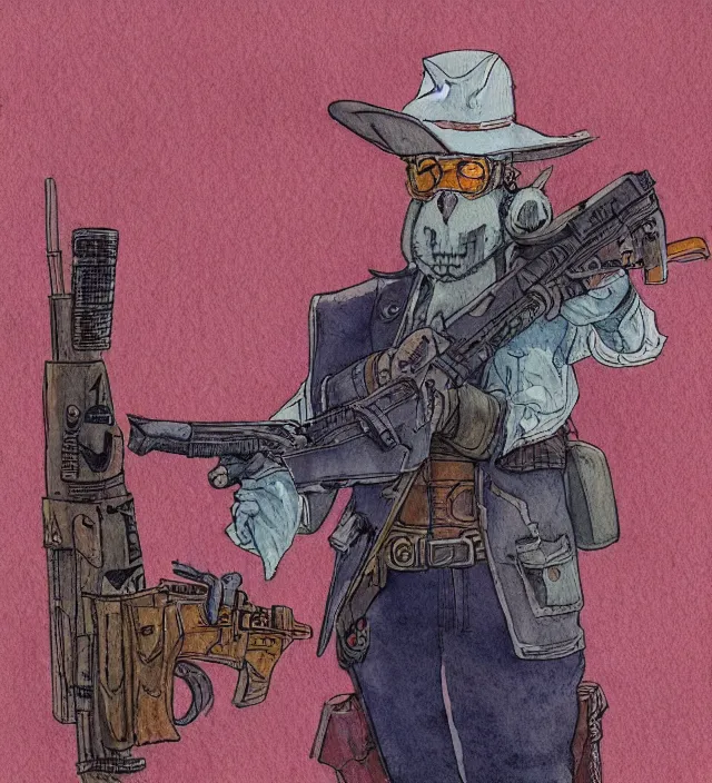 Prompt: a watercolor ink painting of an anthropomorphic bunny mercenary / gunslinger posing with their revolver in the style of jean giraud in the style of moebius trending on artstation deviantart pinterest detailed realistic hd 8 k high resolution