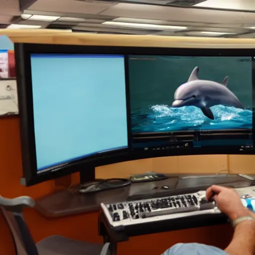 Image similar to A dolphin wearing a chemist outfit playing games on a computer