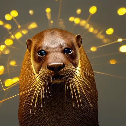 Image similar to river otter wearing crown surrounded by gold, expression, photo realistic, dramatic cinematic lighting, octane render, 4k, ultra detailed