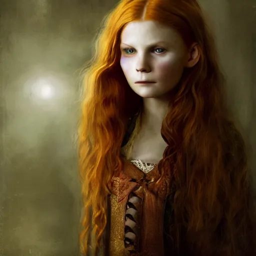 Image similar to majestic gracious regal aristocratic redhead child version of kirsten dunst as the vampire child claudia portrait, indoors, atmospheric lighting, painted, intricate, volumetric lighting, beautiful, rich deep colours masterpiece, sharp focus, ultra detailed, by leesha hannigan, ross tran, thierry doizon, kai carpenter, ignacio fernandez rios