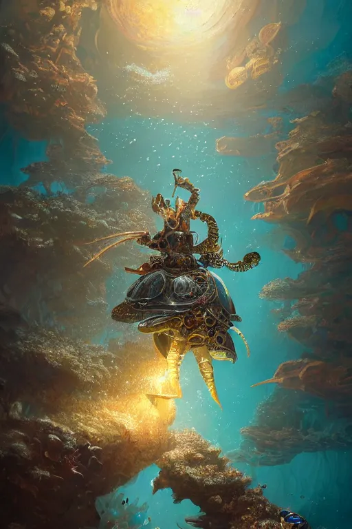 Image similar to beautiful painting of a caretta caretta wearing an armour of jewels and giant golden beetles in ocean coral reef, intricate details, realistic shaded , steampunk, highly detailed, artstation, illustration by Greg Rutkowski and Ruan Jia , octane render, dynamic light, volumetric light, neon lights, cinematic mood