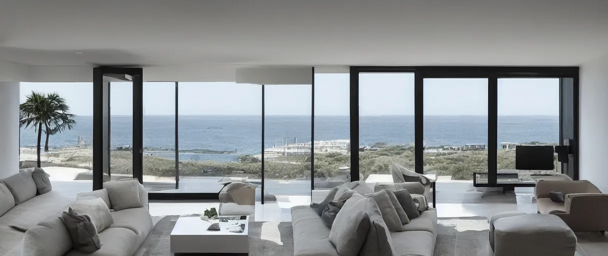 Image similar to “Modern duplex apartment interior with big windows exceptional view from a Clift to the sea minimalistic award design with innovative furniture”