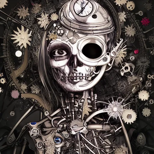 Prompt: surreal manga anime photo portrait of complex bio - mechanical beautiful young female skeletal cyborg with a mandelbrot fractal steampunk metal skull face, disney, retrofuturistic depressing, floral foliage, rococo, steampunk, 8 k