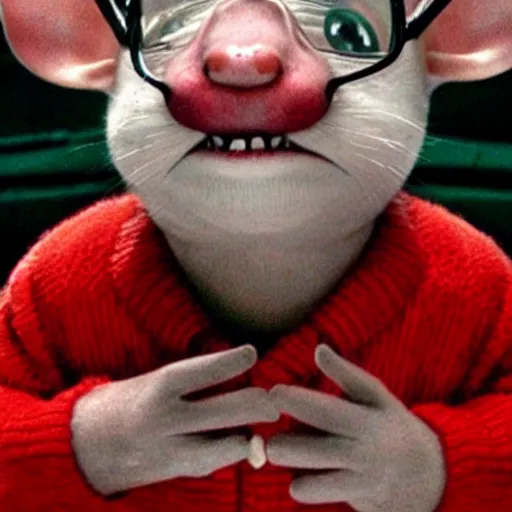 Prompt: stuart little from the movie stuart little is a terrifying and murderous eldritch being wearing a red sweater, demonic mouse, rabbid mouse, evil, diabolical, piercing gaze, wide eyes, gaping mouth, unhinged jaw, horror art, imaginary horrors, scary, chilling