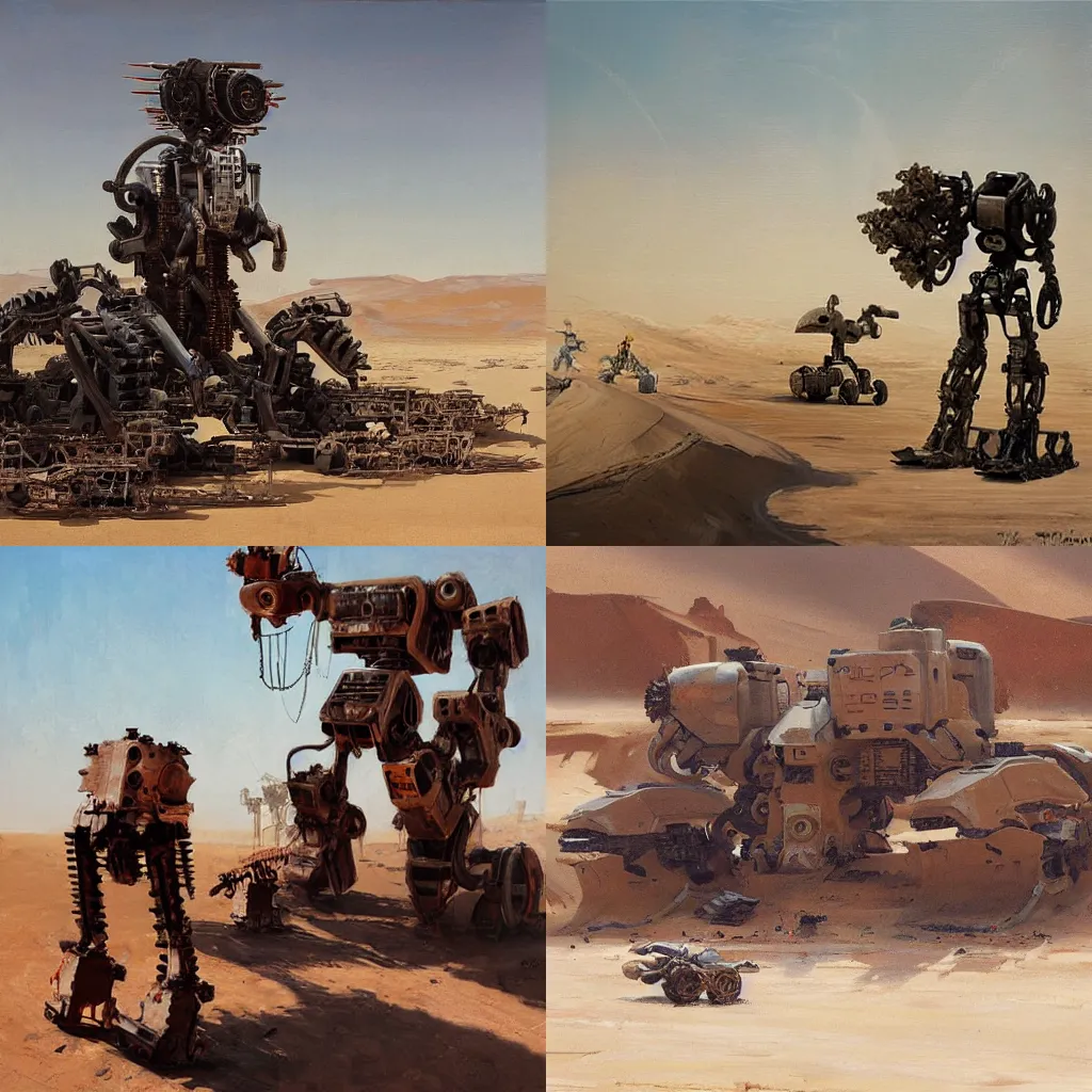 Prompt: mechanised robot collecting old robot parts in the desert, painted by ruan jia