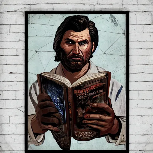 Image similar to saint homo neanderthalis, portrait, with book of science on his right hand, and riffle, violet polsangi pop art, gta chinatown wars art style, bioshock infinite art style, incrinate, realistic anatomy, hyperrealistic, two colors, white frame border, 4 k, uhd, remove duplicate content, left align content