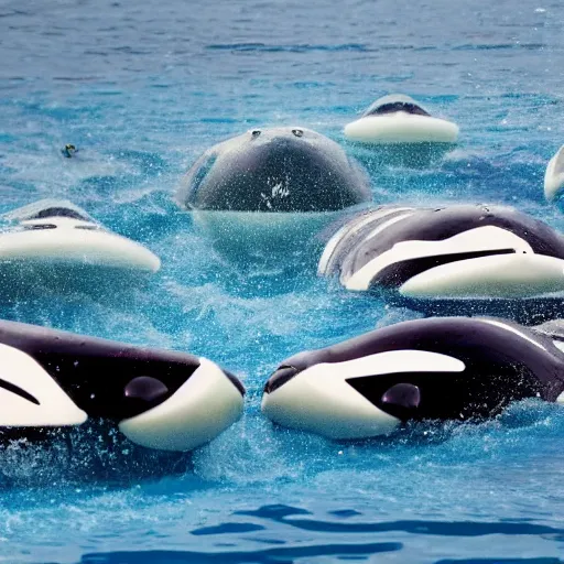 Image similar to a pod of robot orcas swimming after a seal, anime style