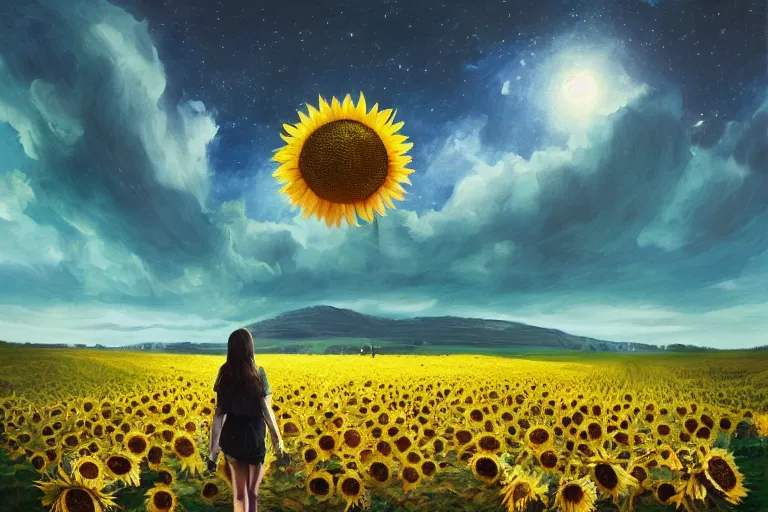 Image similar to giant sunflower as a head, girl walking in daisy field, hills, surreal photography, dark night, star trails, dramatic light, impressionist painting, clouds, digital painting, artstation, simon stalenhag